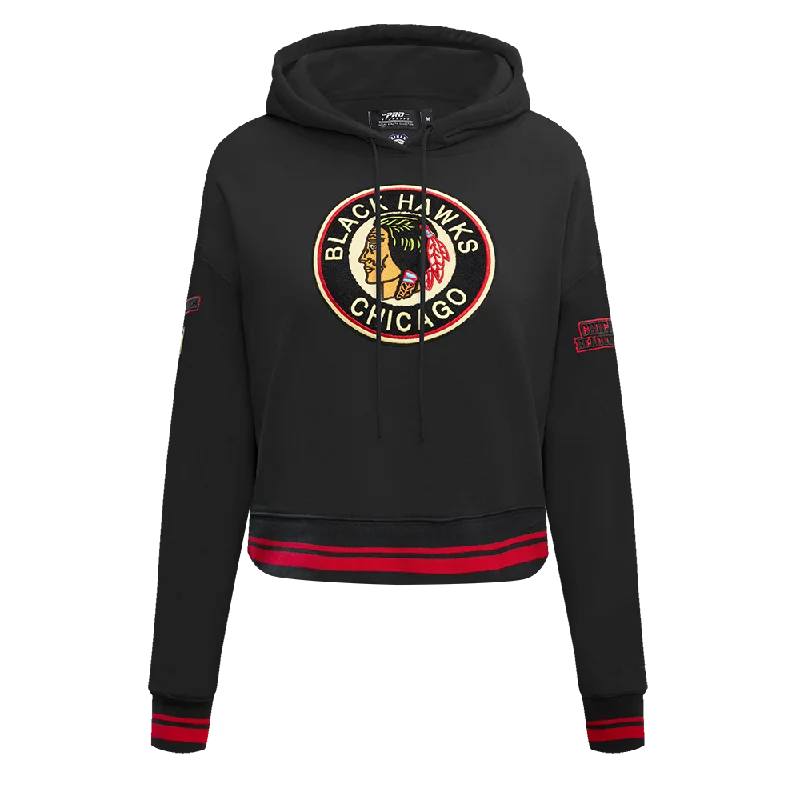 NHL CHICAGO BLACKHAWKS RETRO CLASSIC WOMEN'S RIB CROPPED PO HOODIE (BLACK/RED/BLACK)