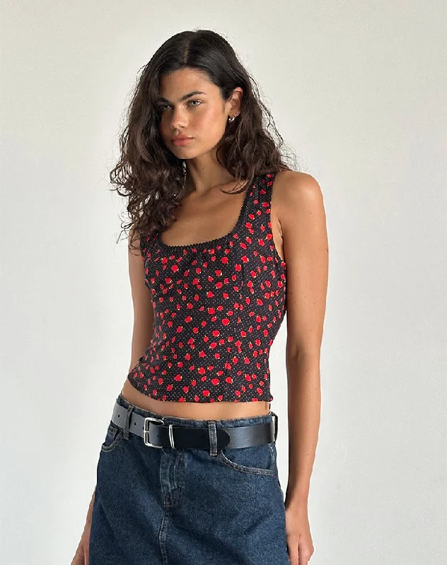 Carys Vest Top in Strawberry Polka Black