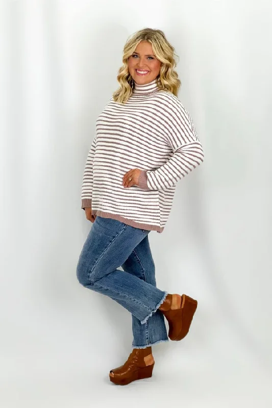 Mocha Striped Mock Neck Tunic Sweater