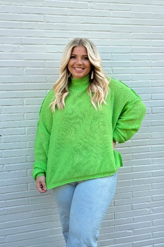 Neon Green Mock Neck Exposed Seam Top