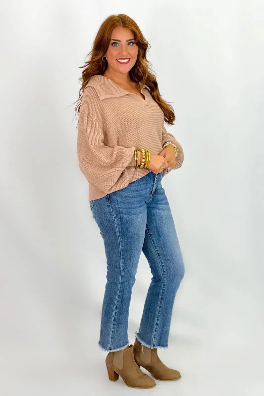 Taupe Collared Dolman Sleeve Ribbed Sweater