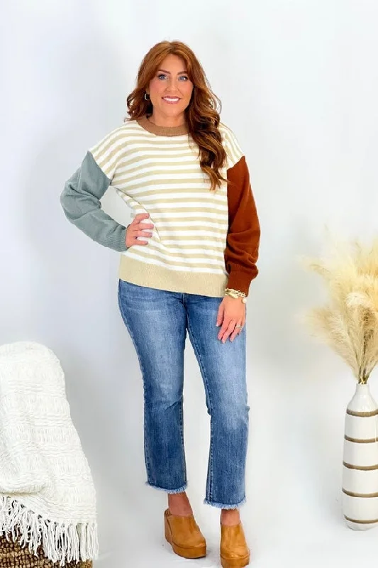 Taupe and White Color Block Stripe Sweater