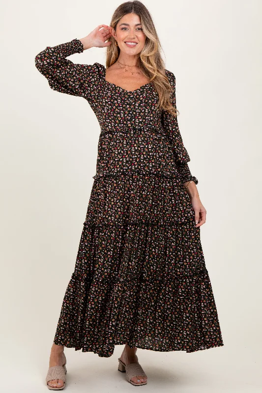 Black Floral Button Accent Bodice Tiered Maternity Maxi Dress