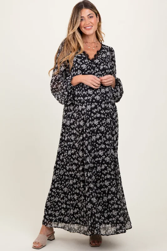 Black Floral Chiffon Lace Trim Back Tie Maternity Maxi Dress