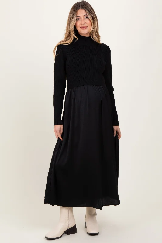 Black Knit Contrast Top Satin Maternity Midi Dress