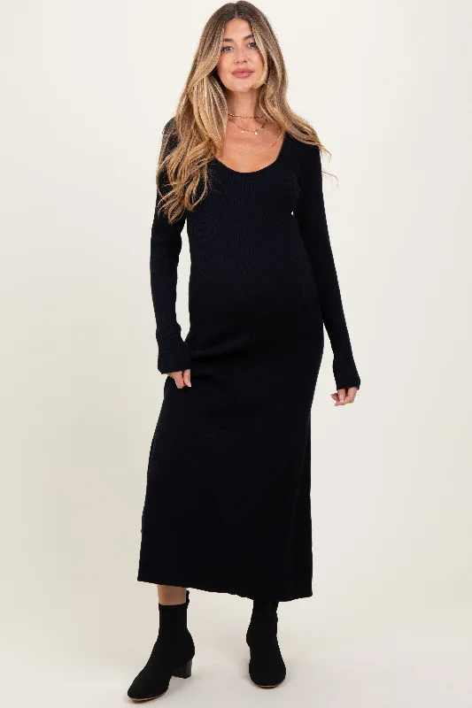 Black Ribbed Knit Maternity Maxi Sweater Dress