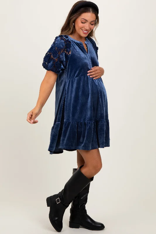 Blue Velvet Floral Lace Short Sleeve Maternity Dress