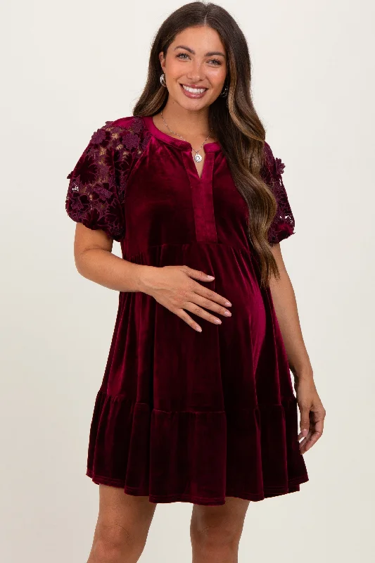 Burgundy Velvet Floral Lace Short Sleeve Maternity Dress