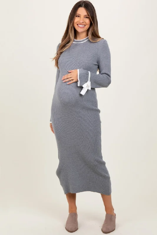 Grey Knit Bow Detail Sleeve Maternity Midi Sweater Dress