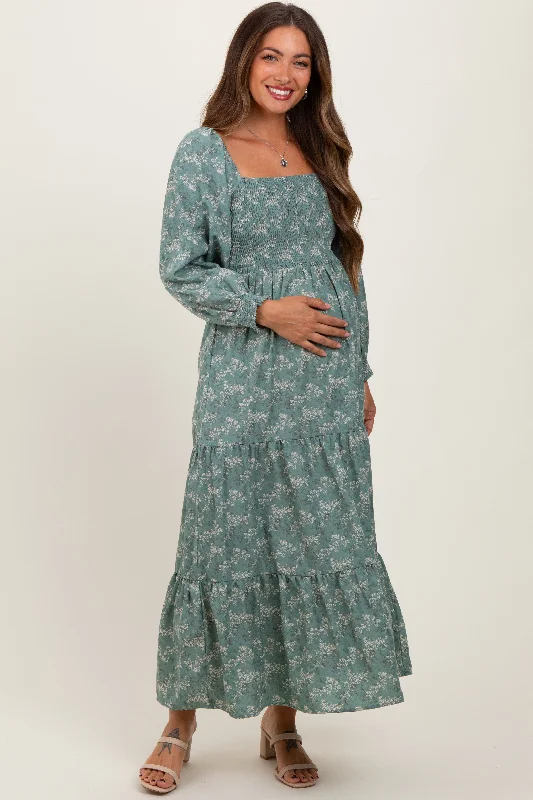 Light Olive Floral Smocked Square Neck Maternity Maxi Dress