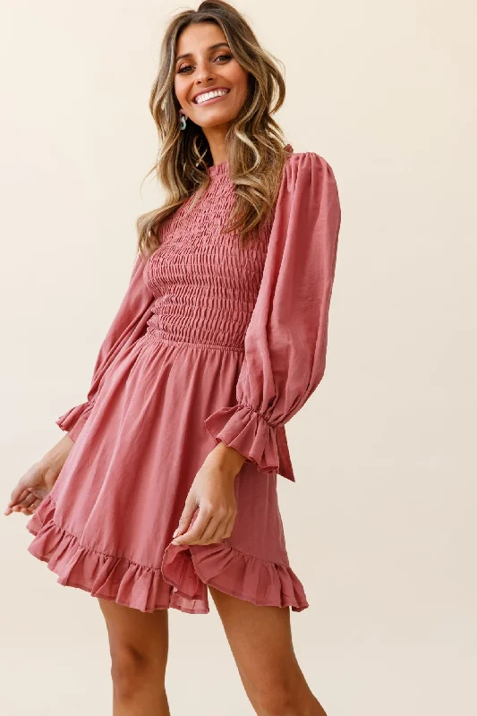 Marianna Long Sleeve Shirred Bust Dress Rose