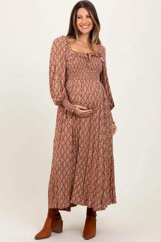 Mocha Damask Print Smocked Ruffle Accent Maternity Maxi Dress