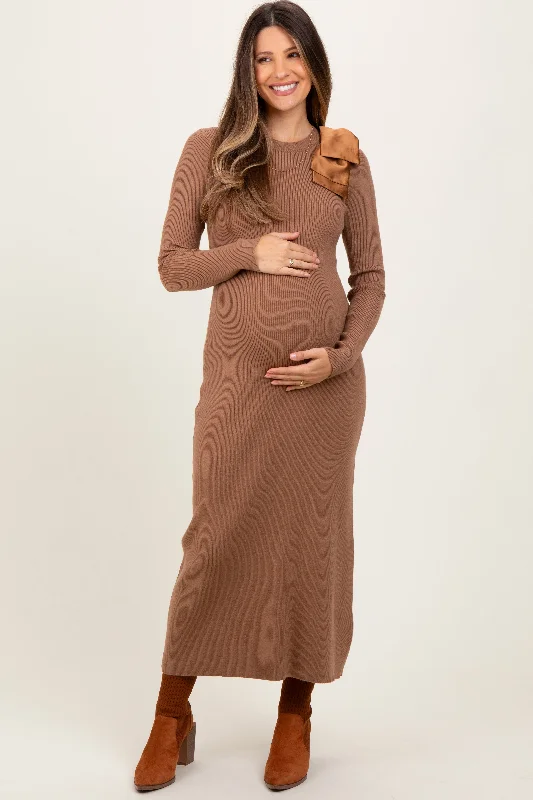 Mocha Shoulder Bow Detail Maternity Midi Knit Dress