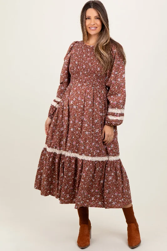 Mocha Smocked Floral Crochet Lace Trim Maternity Maxi Dress