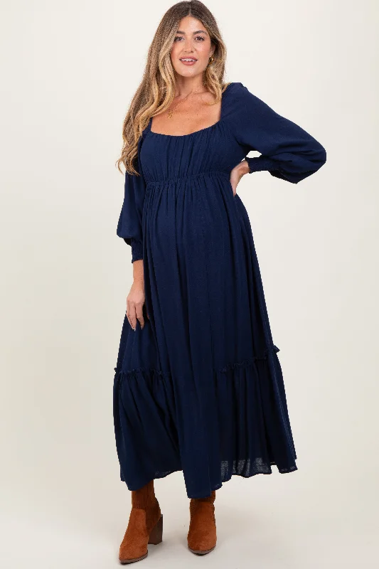 Navy Square Neckline Bubble Sleeve Maternity Maxi Dress