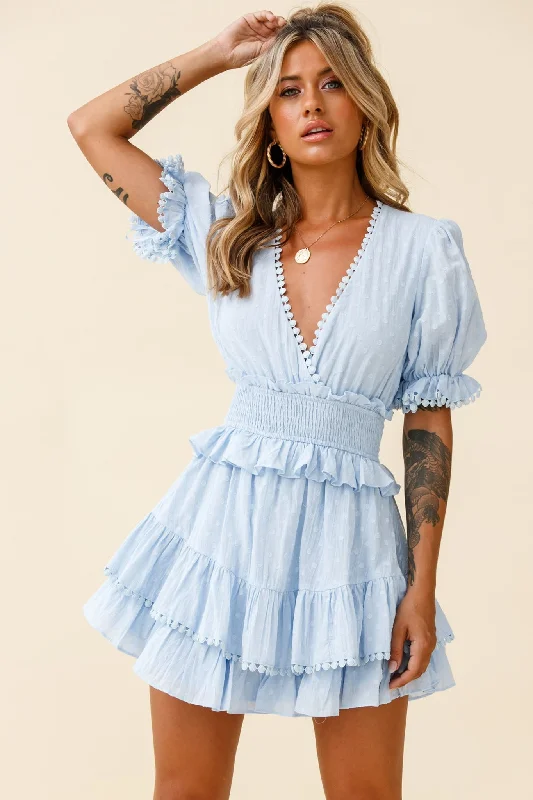 Nerissa Puff Sleeve Shirred Waist Dress Spotty Blue