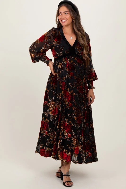 Red Rose Print Velvet Mesh Overlay Maternity Maxi Dress