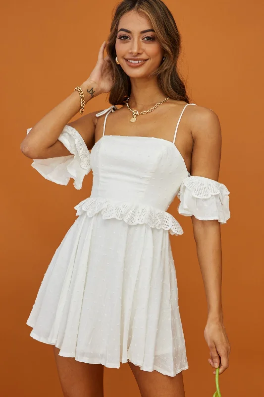 Wayside String Tie Strap Lace Trim Mini Dress White