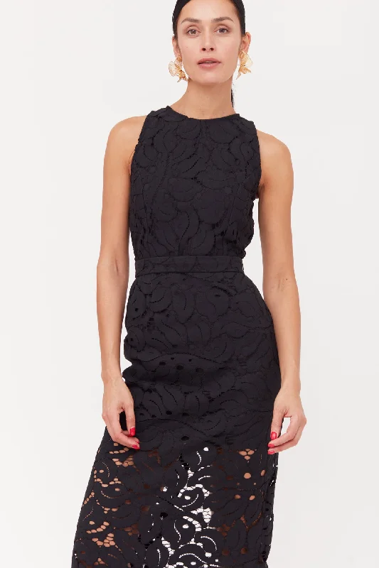 YEMA Black Floral Lace Midi Dress With Open Back