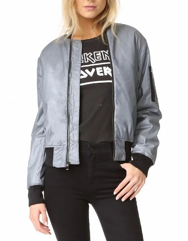 Gene Metallic Puffy Bomber Jacket In Dusted Silver