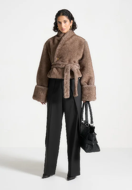 Fur Kimono Tie Jacket - Brown