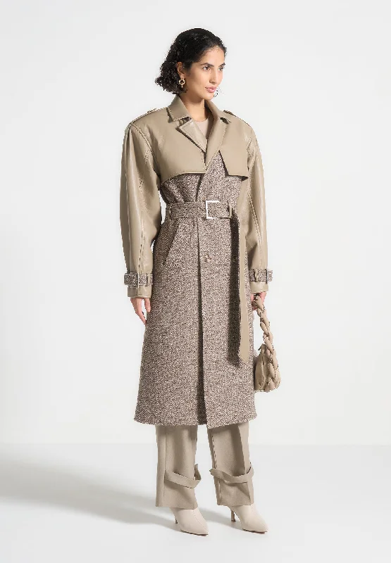 Herringbone Wool & Leather Trench Coat - Taupe