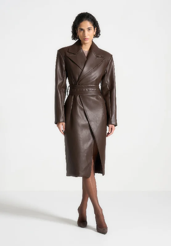 Leather Asymmetric Belted Coat - Brown