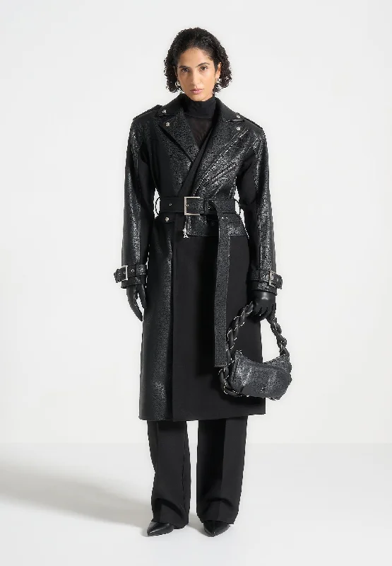 Leather Biker Trench Coat - Black