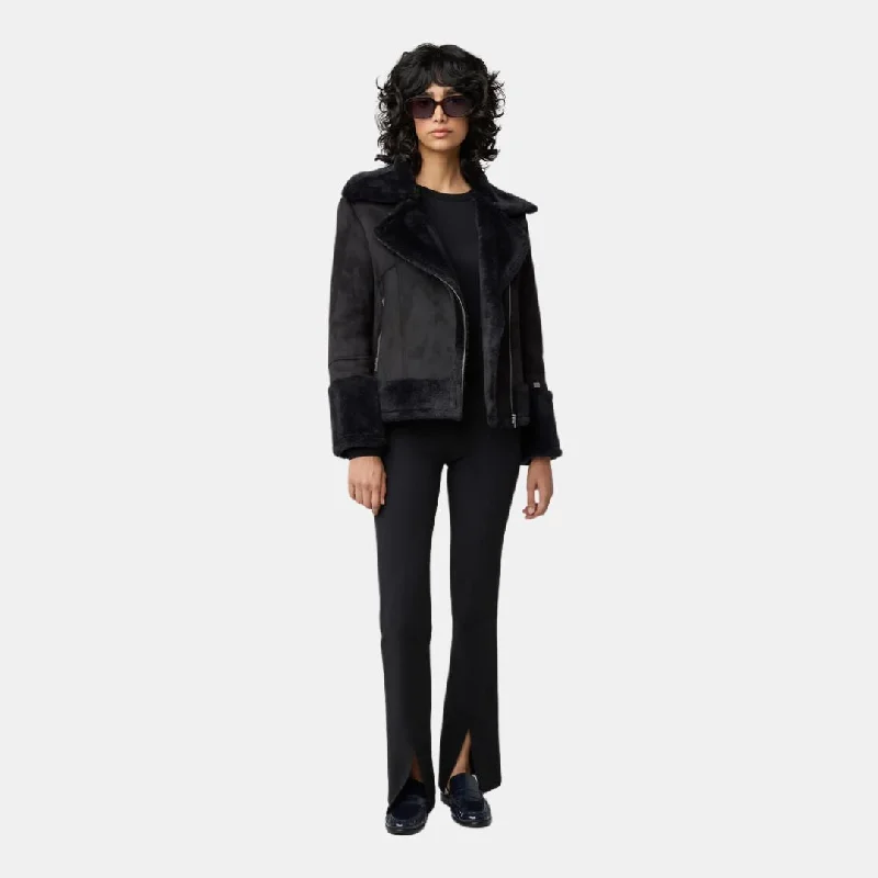 Phoebe Relaxed-Fit Luxe Faux Sherpa Biker Jacket (Black)