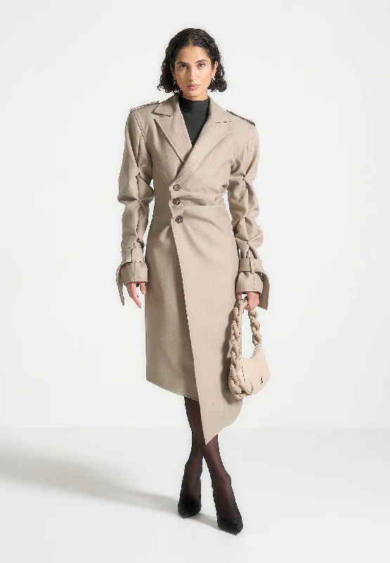 Tacked Sleeve Asymmetric Tailored Trench Coat - Beige